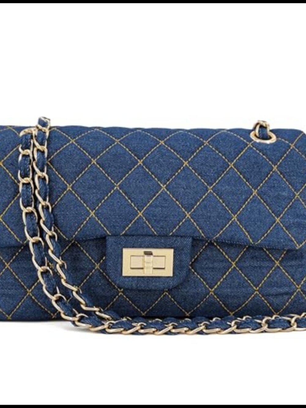 Quilted Denim Flap Shoulder Bag with Gold Chain Strap